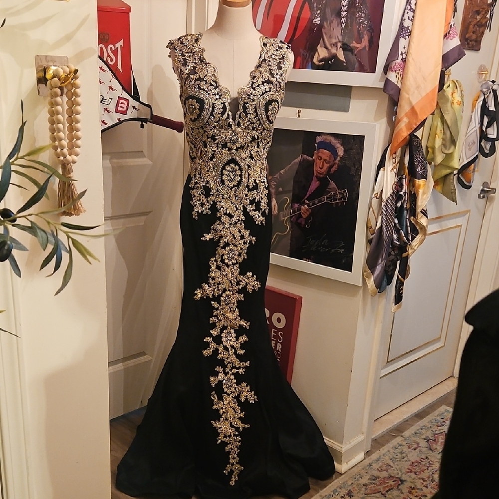 Anny Lee Black Maxi Dress with Gold Embellishment